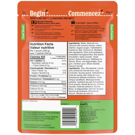 Riz basmati à saveur de coriandre et de lime BISTRO EXPRESS(MC) de marque BEN'S ORIGINAL(MC), 240 g