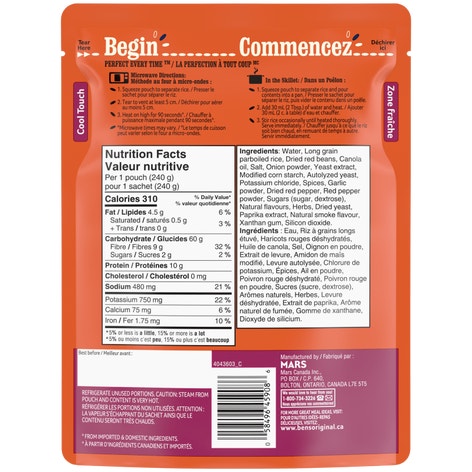 Riz et haricots rouges à saveur de fumée Riz et légumineuses de marque BEN'S ORIGINAL(MC), 240 g