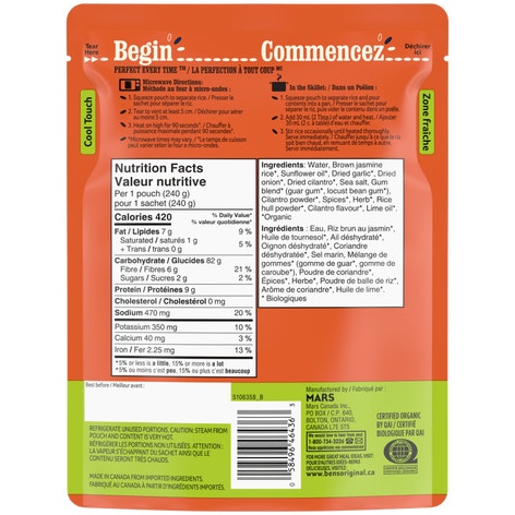 Riz au jasmin brun à saveur de coriandre et de lime BEN’S ORIGINAL(MC) Biologique, 240 g