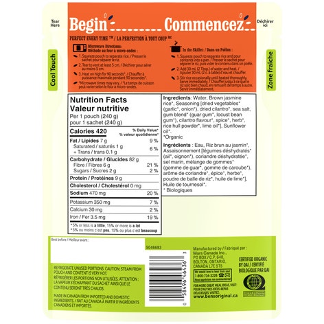 Riz au jasmin brun à saveur de coriandre et de lime BEN’S ORIGINAL(MC) Biologique, 240 g