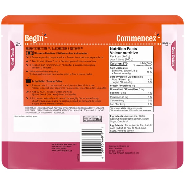 BEN'S ORIGINAL™ BISTRO EXPRESS™ Jasmine Coconut Flavour Rice Family Size, 490g