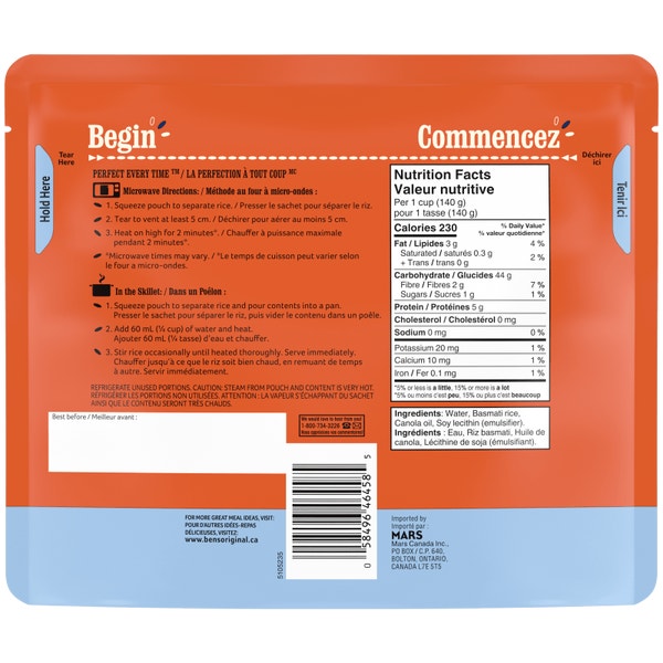 Riz basmati BISTRO EXPRESS(MC) de marque BEN’S ORIGINAL(MC) en format familial, 490 g
