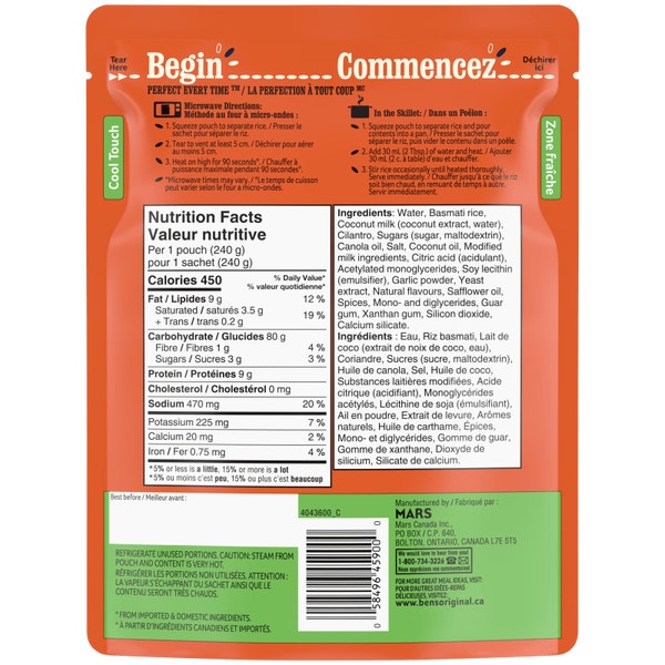 Riz basmati à saveur de coriandre et de lime BISTRO EXPRESS(MC) de marque BEN'S ORIGINAL(MC), 240 g