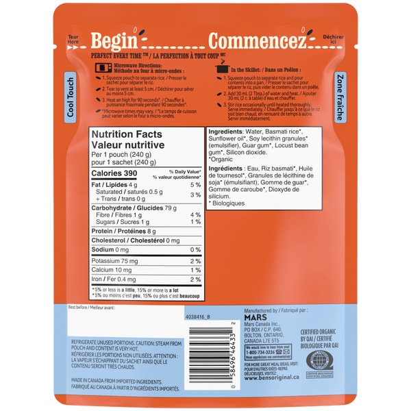 Riz basmati BEN’S ORIGINAL(MC) Biologique, 240 g