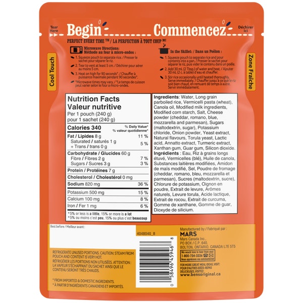 Riz à saveur de cheddar crémeux BISTRO EXPRESS(MC) de marque BEN'S ORIGINAL(MC), 240 g