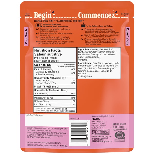 Riz au jasmin BEN’S ORIGINAL(MC) Biologique, 240 g