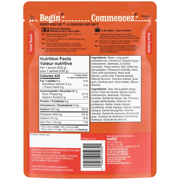Riz à saveur de tomate et fines herbes BISTRO EXPRESS(MC) de marque BEN'S ORIGINAL(MC), 250 g