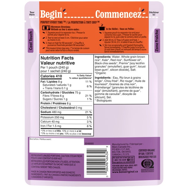 Riz brun et riz rouge avec chia et chou frisé BEN’S ORIGINAL(MC) Biologique, 240 g