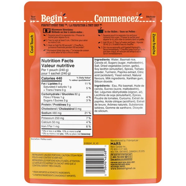 BEN’S ORIGINAL BISTRO EXPRESS Plat D’accompagnement au Riz Tikka Masala. Sachet de 240g