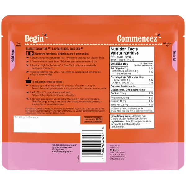 Riz au jasmin BISTRO EXPRESS(MC) de marque BEN’S ORIGINAL(MC) en format familial, 490 g