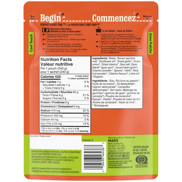 Riz au jasmin brun à saveur de coriandre et de lime BEN’S ORIGINAL(MC) Biologique, 240 g