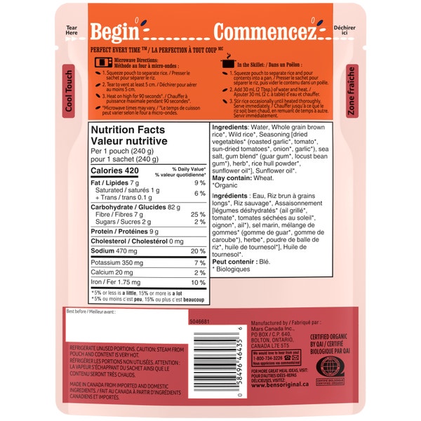 Riz brun et riz sauvage à saveur de tomate et d’ail rôti BEN’S ORIGINAL(MC) Biologique, 240 g