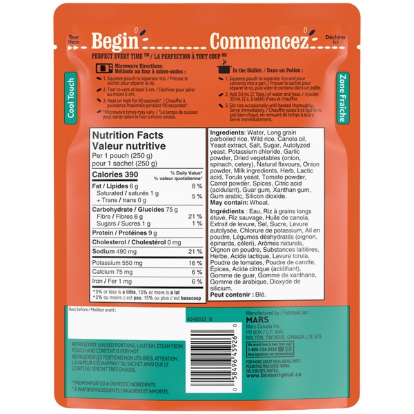 Riz à grains longs et riz sauvage aux fines herbes BISTRO EXPRESS(MC) de marque BEN'S ORIGINAL(MC), 250 g