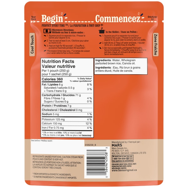 Riz brun à grains entiers BISTRO EXPRESS(MC) de marque BEN'S ORIGINAL(MC), 250 g