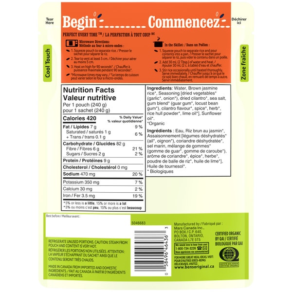Riz au jasmin brun à saveur de coriandre et de lime BEN’S ORIGINAL(MC) Biologique, 240 g