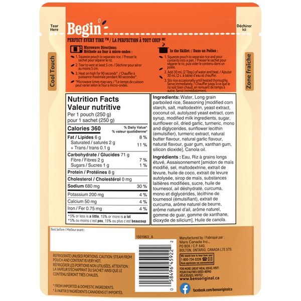 Riz à saveur de beurre et ail BISTRO EXPRESS(MC) de marque BEN'S ORIGINAL(MC), 250 g