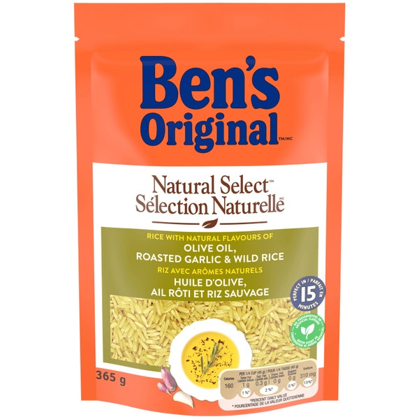 Riz avec arômes naturels d'huile d'olive, ail rôti et riz sauvage SÉLECTION NATURELLE(MC) de marque BEN'S ORIGINAL(MC), 365 g