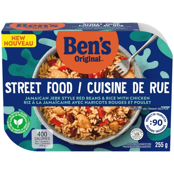 BEN'S ORIGINAL Street Food Jamaican Jerk Style Beans & Rice with Chicken, Prepared Entrée, Microwave in 90 Seconds, 255 g